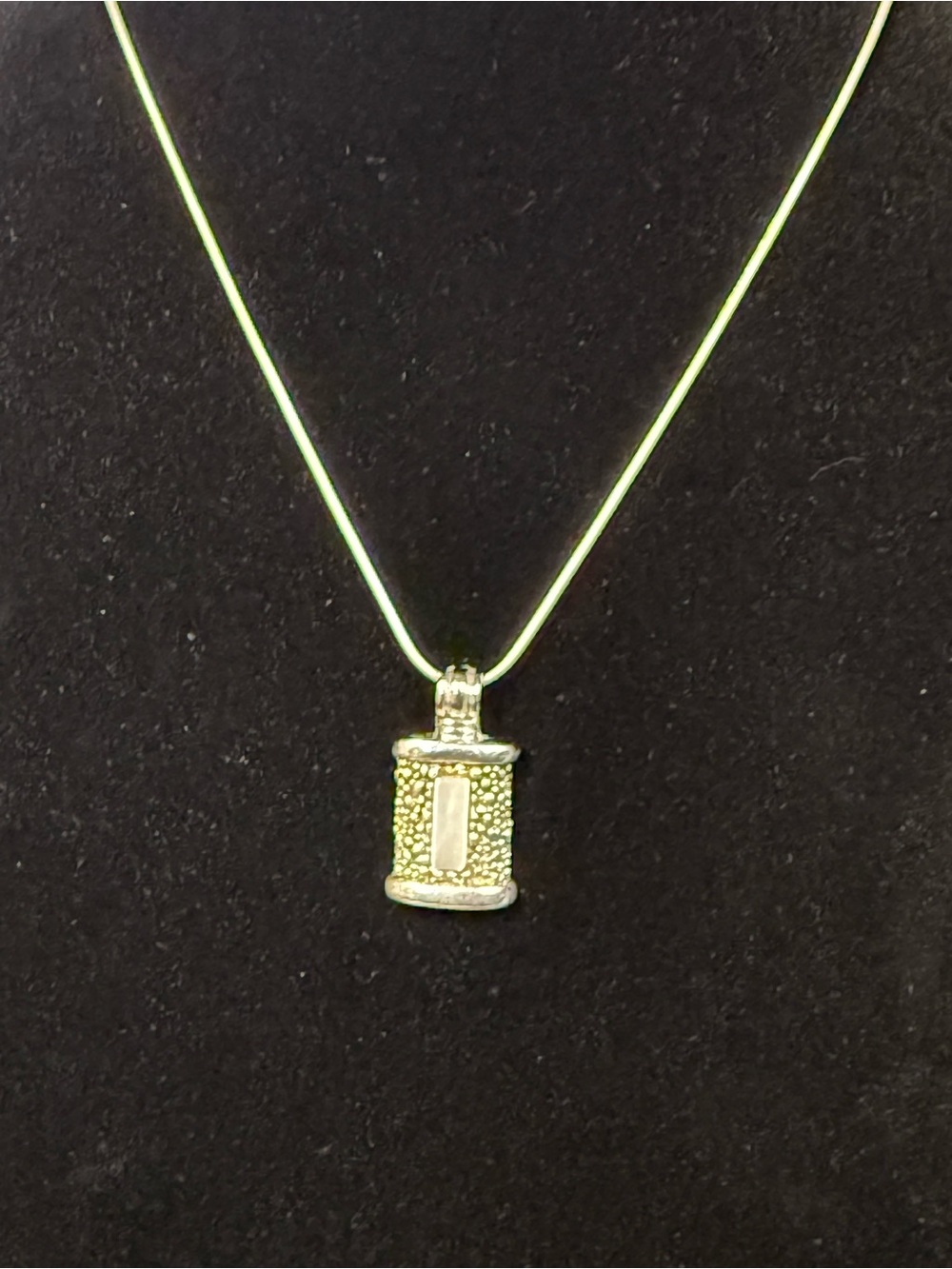 Silver Tone Textured Rectangular Pendant Necklace w/ Mother of Pearl inlay